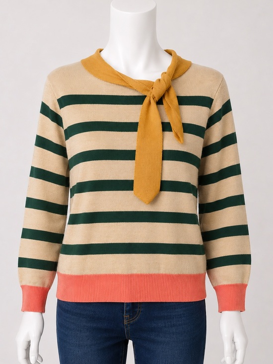 OXKnit Sweaters - Striped Crew Neck Sweater with Yellow Tie Accent